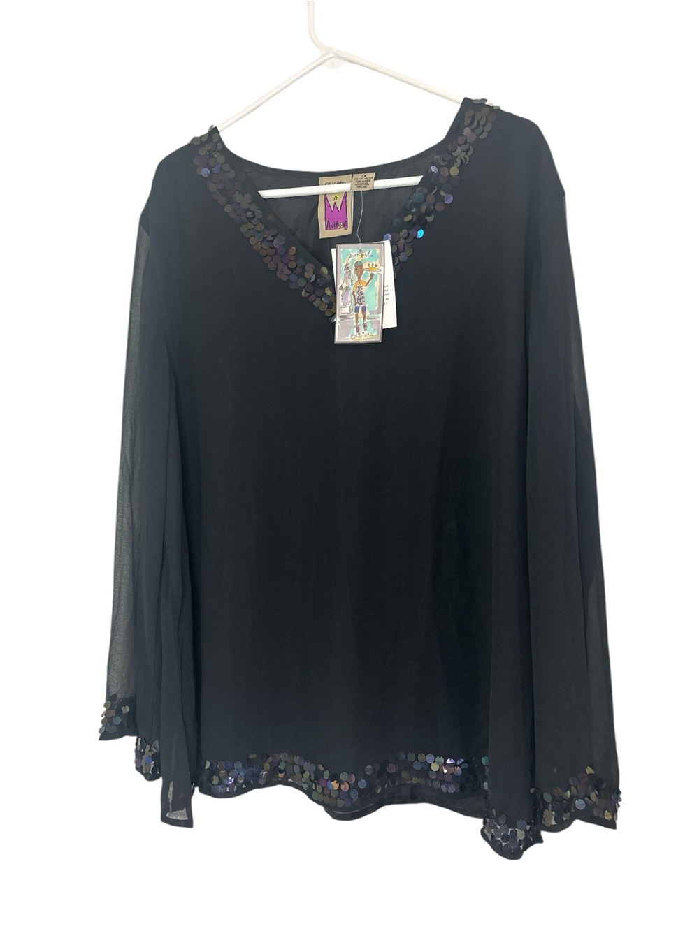 Original Anthony  Black Sequin-Trim V-Neck Women's Top